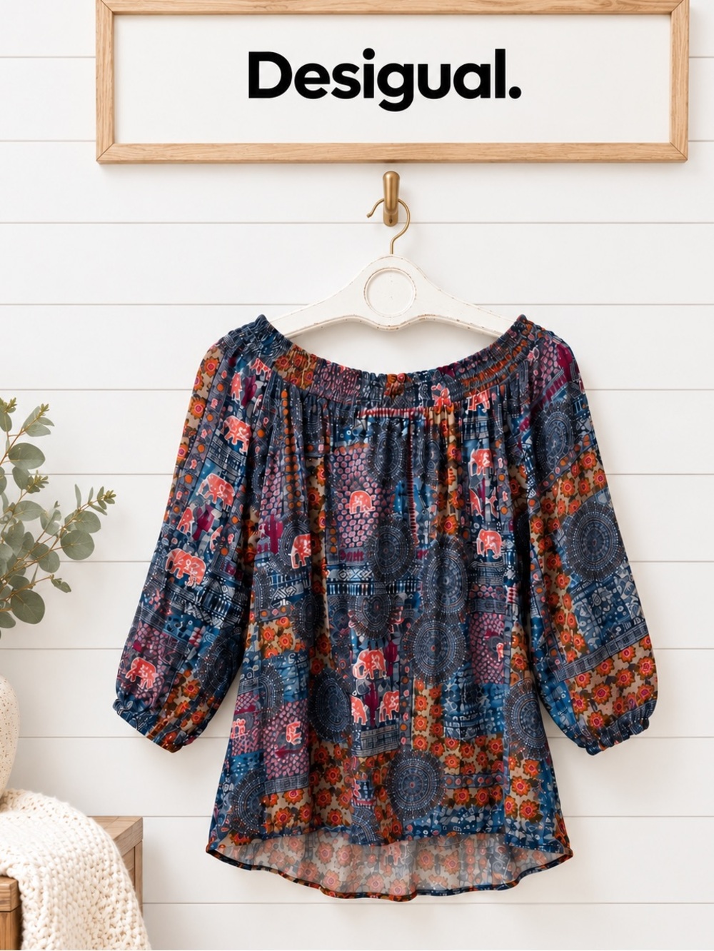 Desigual Boho Patchwork Off-Shoulder Blouse Size M NWT